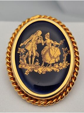 Vintage Limoges Castel Porcelain Brooch Courting Couple Cobalt Blue France 1.25"